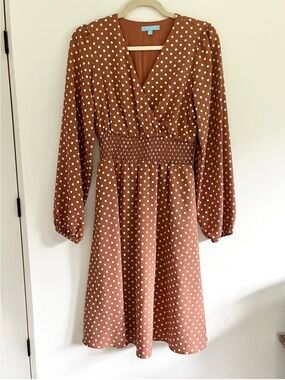 Draper James Warm Brown Polka Dot Long Sleeve V-Neck Dress w Pockets Cottagecore